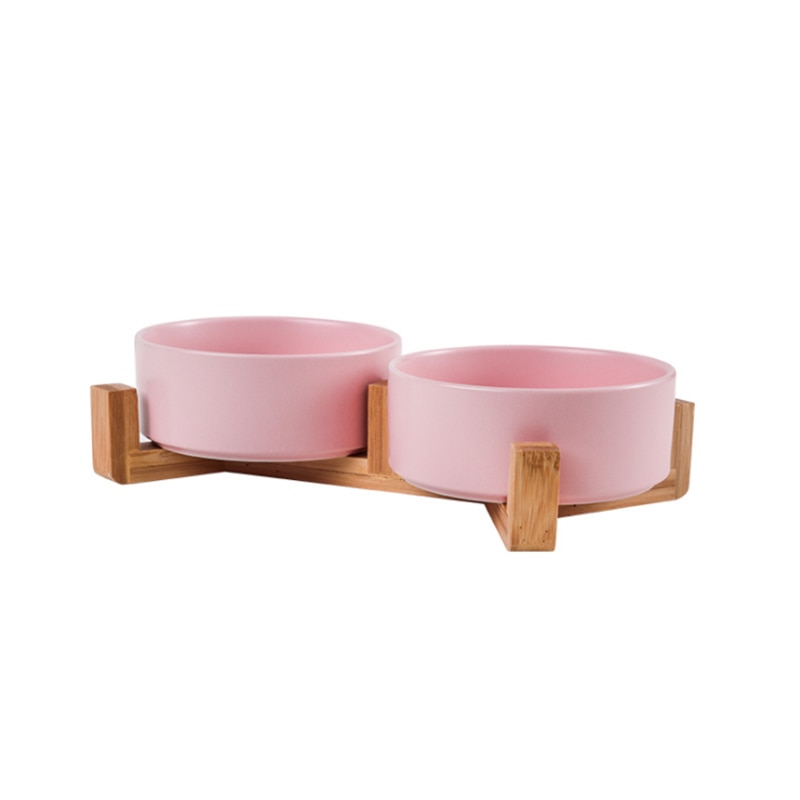 Ceramic Pet Bowl Dish With Wood Stand No Spill Pet Ceramic Double Bowl
