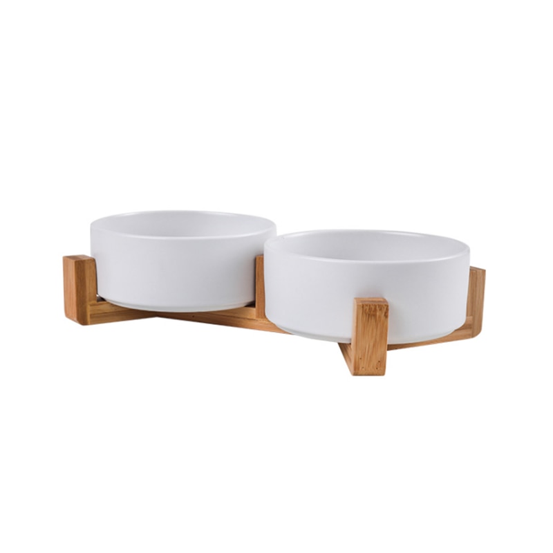 Ceramic Pet Bowl Dish With Wood Stand No Spill Pet Ceramic Double Bowl
