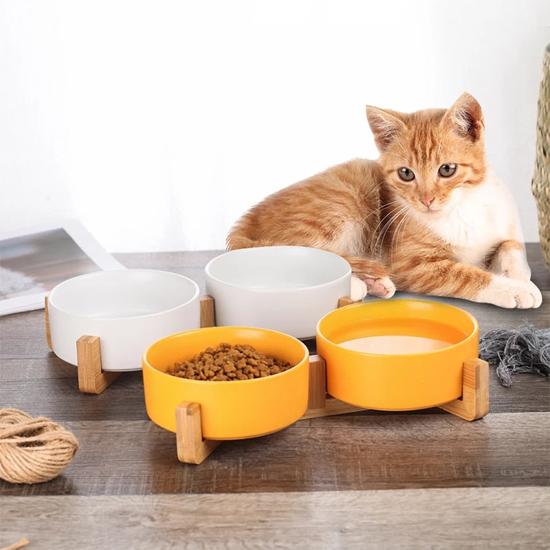 Ceramic Pet Bowl Dish With Wood Stand No Spill Pet Ceramic Double Bowl