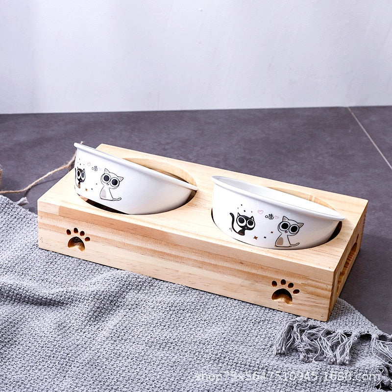 Bamboo Cat Bowl Ceramic Pet Bowl Ceramic Cat Bowl Solid Wood Pet