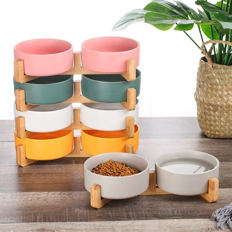 Ceramic Pet Bowl Dish With Wood Stand No Spill Pet Ceramic Double Bowl