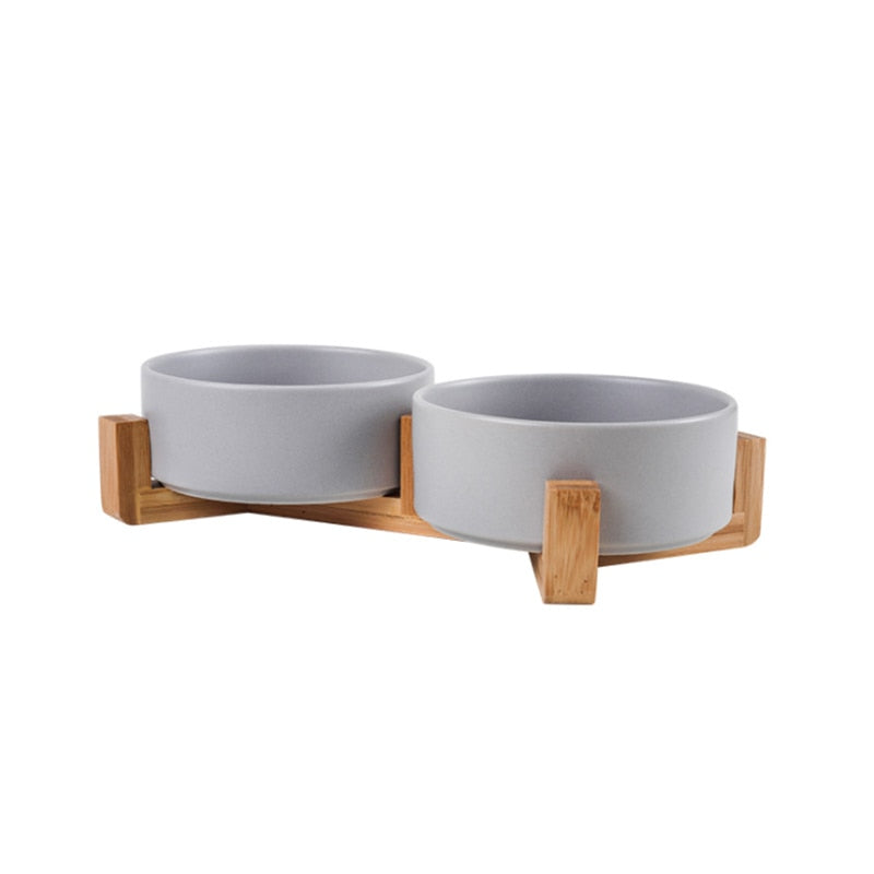 Ceramic Pet Bowl Dish With Wood Stand No Spill Pet Ceramic Double Bowl