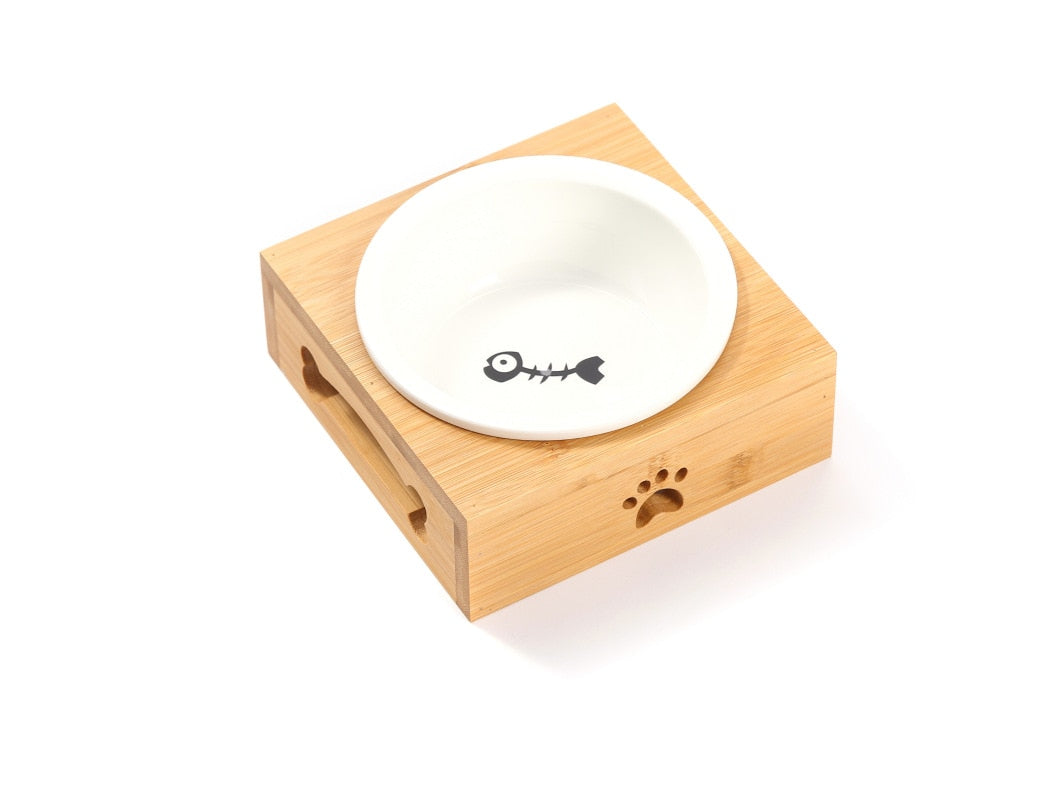 Bamboo Cat Bowl Ceramic Pet Bowl Ceramic Cat Bowl Solid Wood Pet