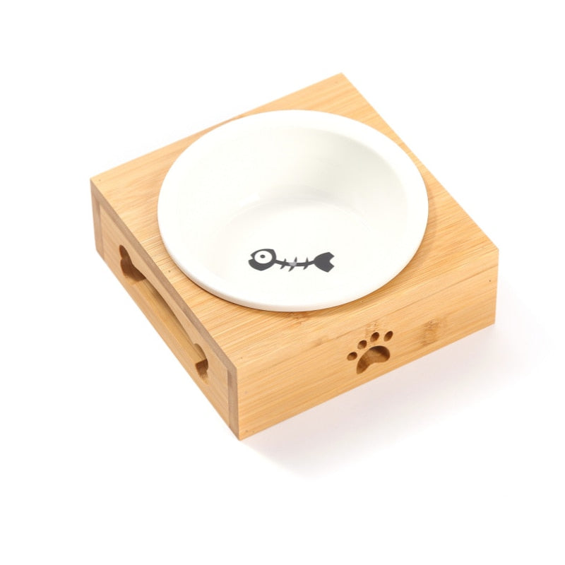 Bamboo Cat Bowl Ceramic Pet Bowl Ceramic Cat Bowl Solid Wood Pet