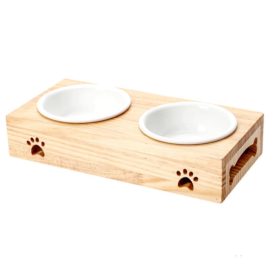 Bamboo Cat Bowl Ceramic Pet Bowl Ceramic Cat Bowl Solid Wood Pet